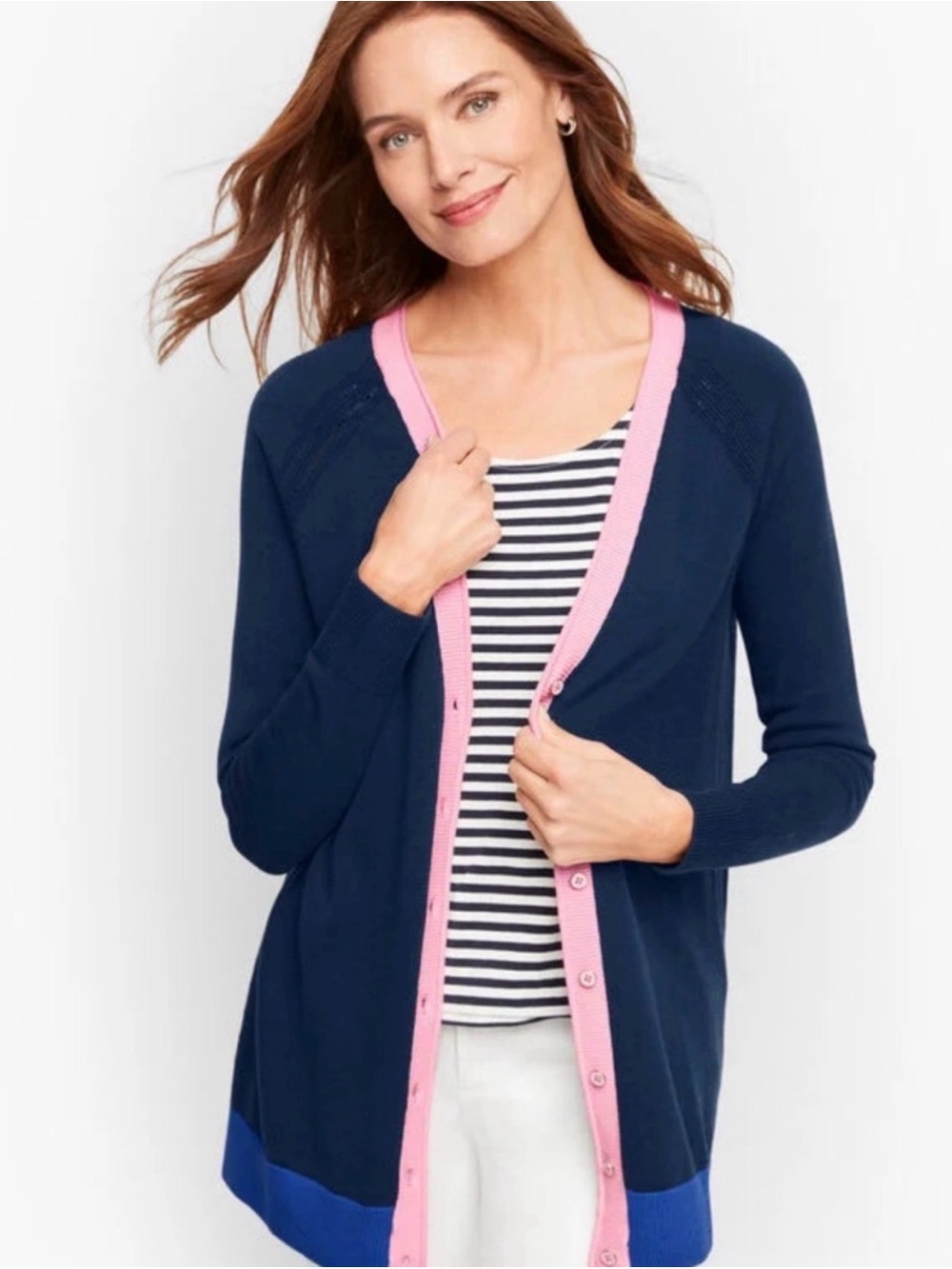 TALBOTS Womens Petite Colorblock Girlfriend Cardigan MP Preppy Coastal Grandpa